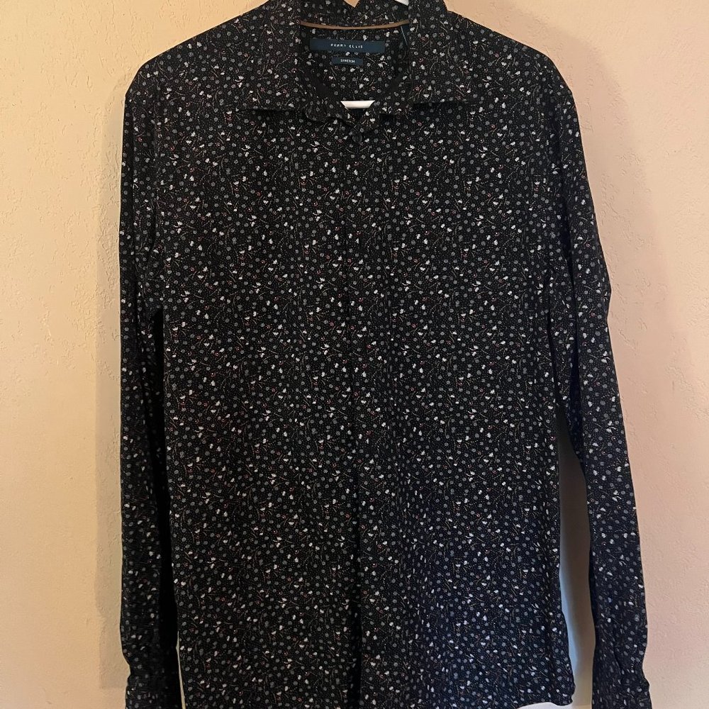 Perry Ellis Medium Blue Button-Up with White/Red Flower Pattern
